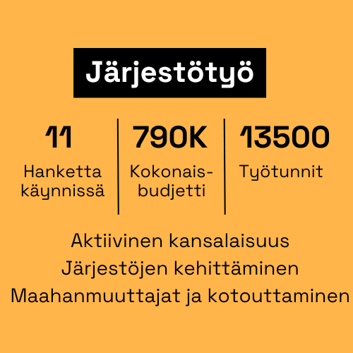 Järjestötyö: hankkeita käynnissä 11, kokonaisbudjetti 790K, työtunnit 135000. Teemat: aktiivinen kansalaisuus, järjestöjen kehittäminen, maahanmuuttajat ja kotoutuminen.