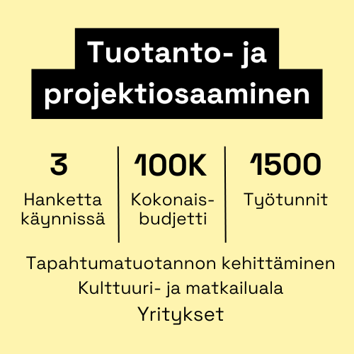 Tuotanto- ja projektiosaaminen: hankkeita käynnissä 3, kokonaisbudjetti 670K, työtunnit 1500. Teemat: Kulttuuri- ja matkailuala, työllisyyden edistäminen sekä yritykset.